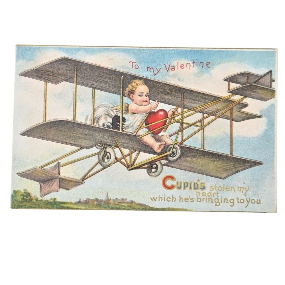 Vintage Valentine Postcard Cupid Flying Airplane with Red Heart Unposted